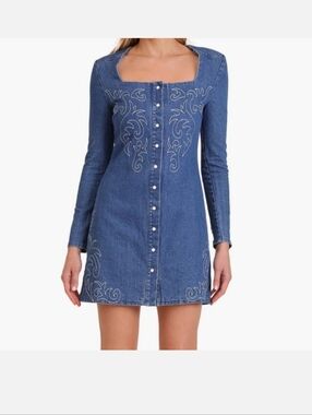Avec Les Filles Embroidered Western Cowgirl Denim Snap Button Up Dress Size 10